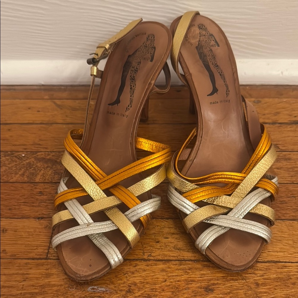 Belle by Sigerson Morrison Gold and Silver Sandals with Crisscross Straps